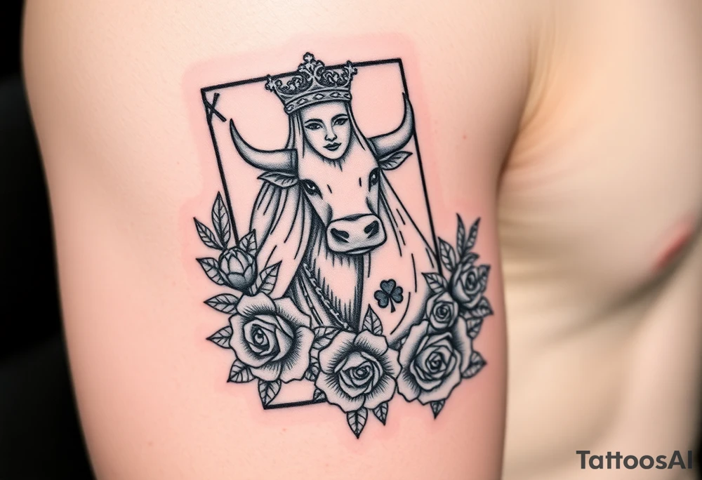 A king  card with a highland cow, a small four leaf clover, a small spanner the card surrounded by roses tattoo idea