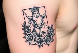 A king  card with a highland cow, a small four leaf clover, a small spanner the card surrounded by roses tattoo idea