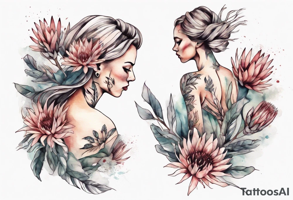 Very feminine tattoo with a woman dancing in a wind of protea flowers tattoo idea