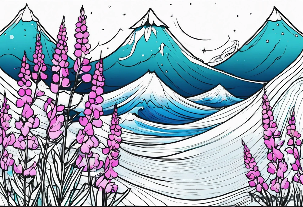 ocean wave with lupine and fireweed tattoo idea