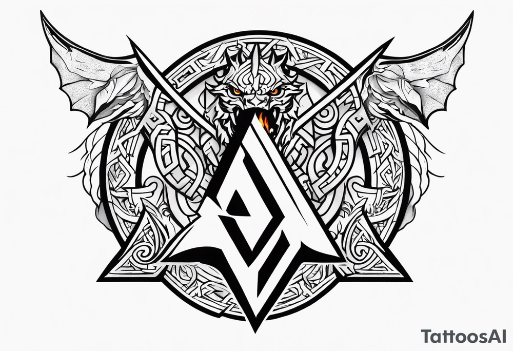Valhalla sword shield dragon axe Valknut fire tattoo idea Valhalla sword shield dragon axe Valknut fire tattoo idea