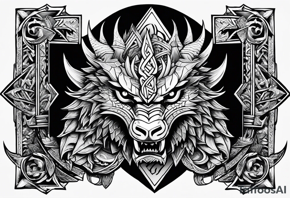 Valhalla sword shield dragon axe Valknut  tribal tattoo idea