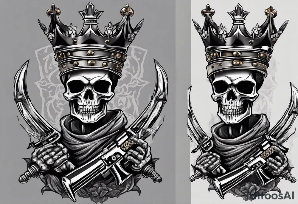 image of a skeleton standing frontally with a crown on his head, holding an AK-47 on his shoulder with his right hand. The chain on the left should be taut, there are three angry barking Dobermans in it, near the waist tattoo idea