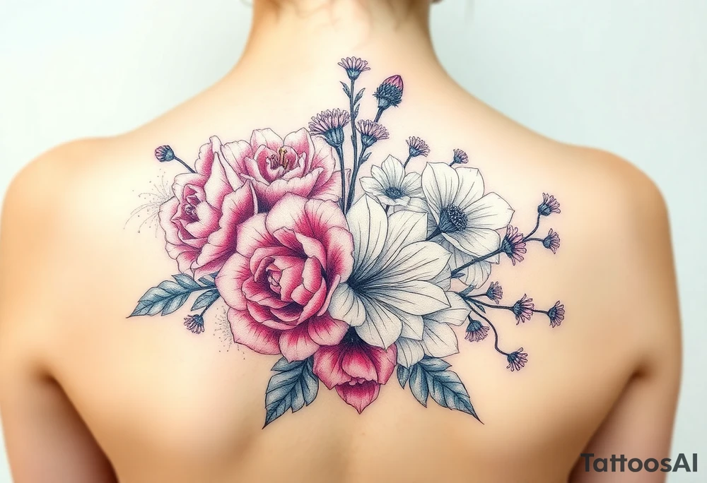 3d realistic Bouquet Carnation rose lily luster and aster flower tattoo idea
