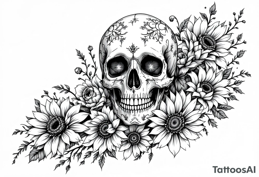 ornate skull adorned with wild roses and sunflowers tattoo idea