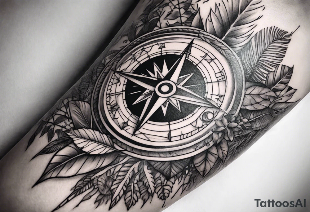sleeve tattoo with compass and all-seeing eye and jungle plants tattoo idea