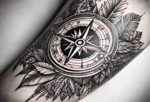 sleeve tattoo with compass and all-seeing eye and jungle plants tattoo idea