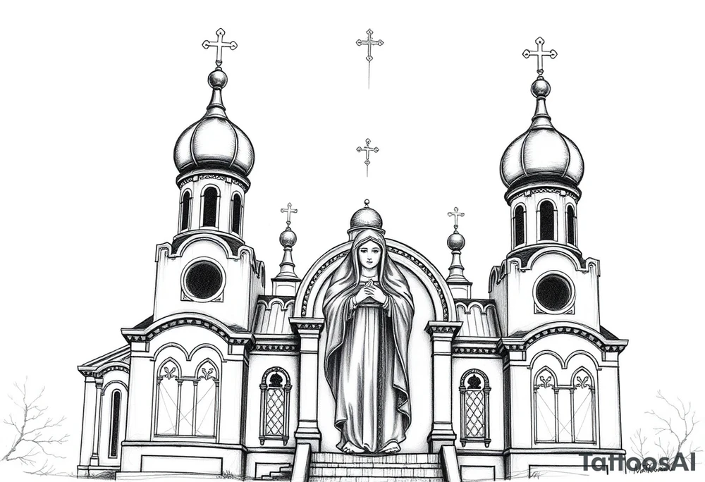 Russian orthodox church with bulb domes with a prominent russian orthodox style virgin mary stood outside with hands together tattoo idea