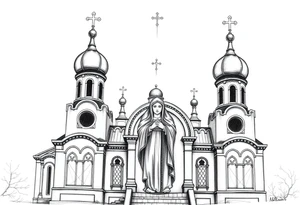 Russian orthodox church with bulb domes with a prominent russian orthodox style virgin mary stood outside with hands together tattoo idea