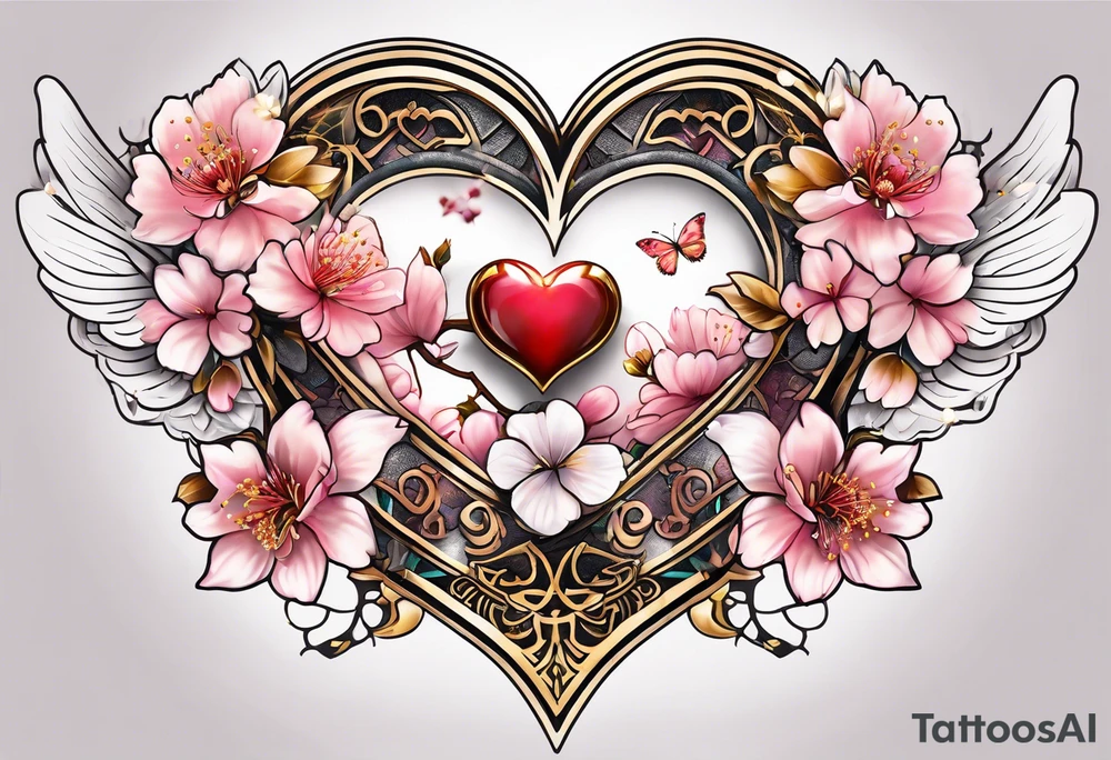 Cherry Blossom Tattoo with a key that unlocks a heart surrounded by white butterflies and in a golden aura tattoo idea