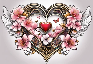 Cherry Blossom Tattoo with a key that unlocks a heart surrounded by white butterflies and in a golden aura tattoo idea