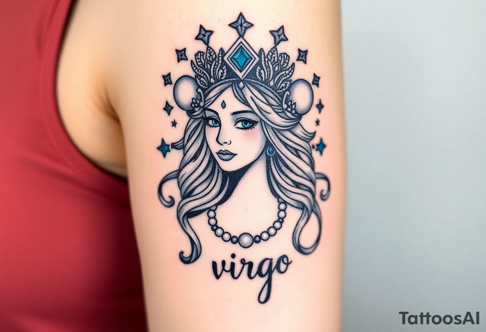 A regal Virgo queen with an intricate celestial headdress, adorned with silver moons, deep blue stars, and delicate pearls and the word virgo tattoo idea