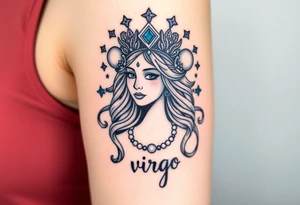 A regal Virgo queen with an intricate celestial headdress, adorned with silver moons, deep blue stars, and delicate pearls and the word virgo tattoo idea