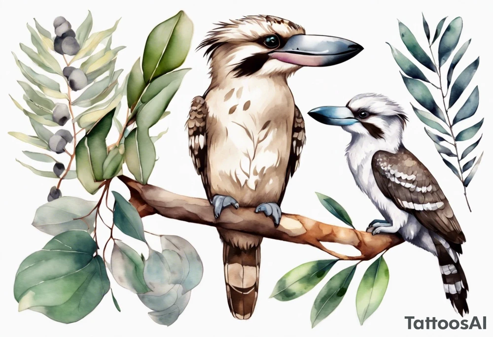 A kookaburra with a koala sitting on wattle and eucalyptus leaves tattoo idea