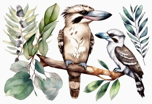 A kookaburra with a koala sitting on wattle and eucalyptus leaves tattoo idea