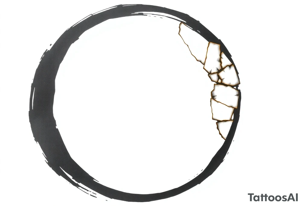 A Japanese‑inspired tattoo of a thick Zen ensō circle, drawn with a bold, hand‑painted black ink brushstroke. The circle is imperfect and organic, with visible texture and subtle variation in line thickness. About the last quarter of the circle, near the top‑right, transforms into a cracked ceramic segment that has been repaired using kintsugi: visible broken pieces outlined and joined by thin, flowing gold lines. There should be a couple big pieces rather than lots of small ones. The circle and the ceramic part should have the same thickness. The gold seams follow the natural fractures of the ceramic section, creating several branching cracks rather than a single line, clearly distinguishing this repaired portion from the rest of the smooth ink circle. The transition from ink to ceramic should feel natural, as if the painted circle solidifies into a fragile object that has been lovingly mended. Keep the interior of the circle empty, with a clean white background and no extra symbols or text. Design it as a black and gray tattoo with a subtle metallic gold effect on the kintsugi seams, suitable for a medium‑sized placement on the back of the bicep. tattoo idea