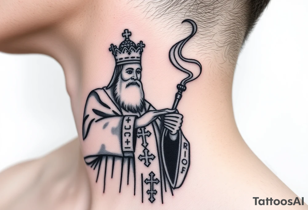Russian Orthodox Priest in fully detailed vestment swinging a censer with smoke curling upward tattoo idea