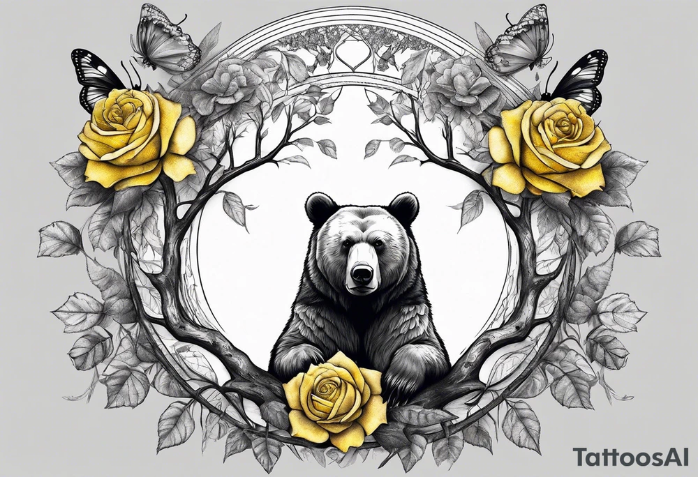 A bear sitting under the tree of life with three yellow roses, and three butterflies tattoo idea