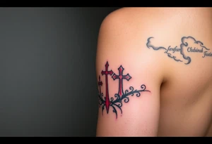Red and black ink  tattoo on left inner arm with bible verse background clouds and 3 crosses one red in the middle of wrist  under a chosen wrist tattoo before the hand/palm 

On left arm tattoo idea