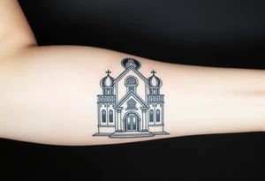 in a dorsal view a detailed orthodox church with a band at the front shrouded with a mist above and fading into a virgin mary overlooking above at the top tattoo idea