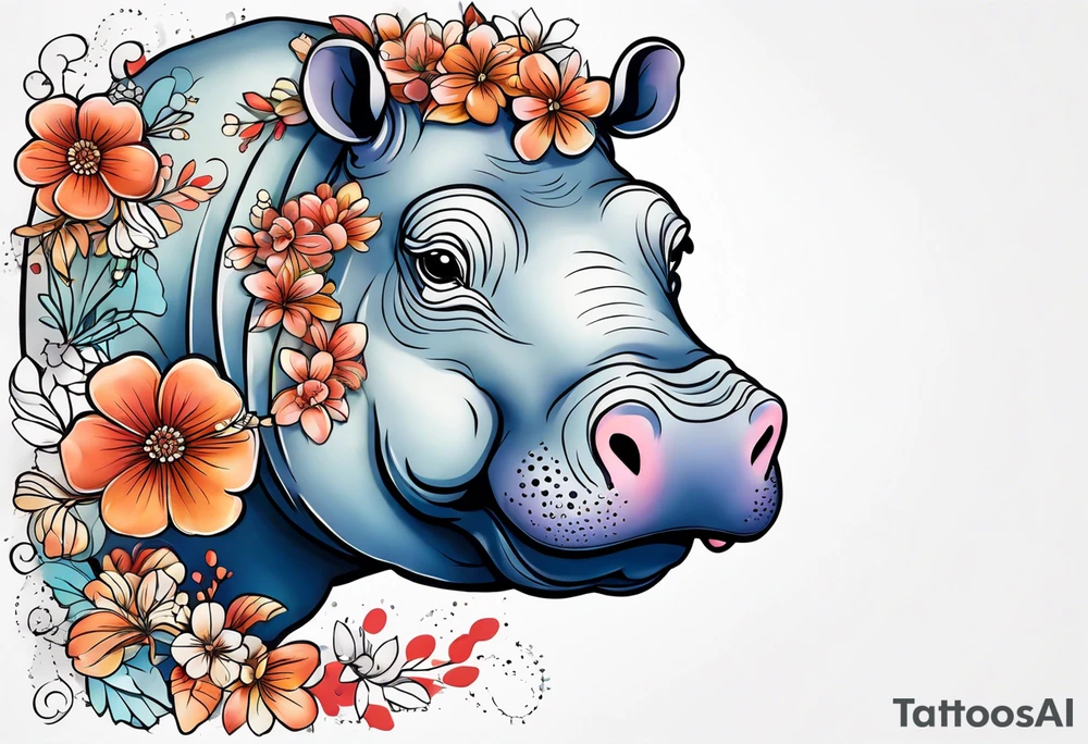 cute hippo with flowers tattoo idea