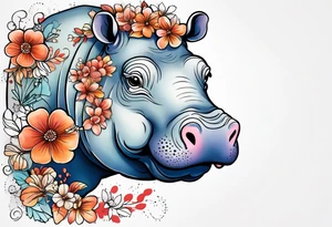 cute hippo with flowers tattoo idea