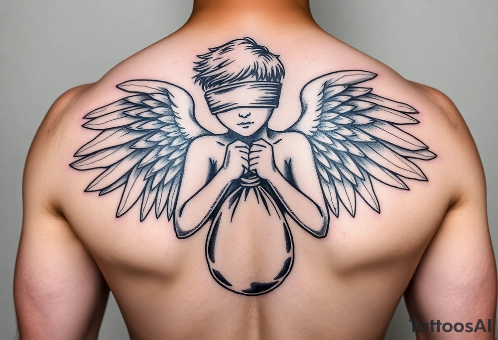 Blindfolded angel with bag money tattoo idea