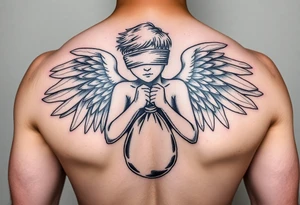 Blindfolded angel with bag money tattoo idea