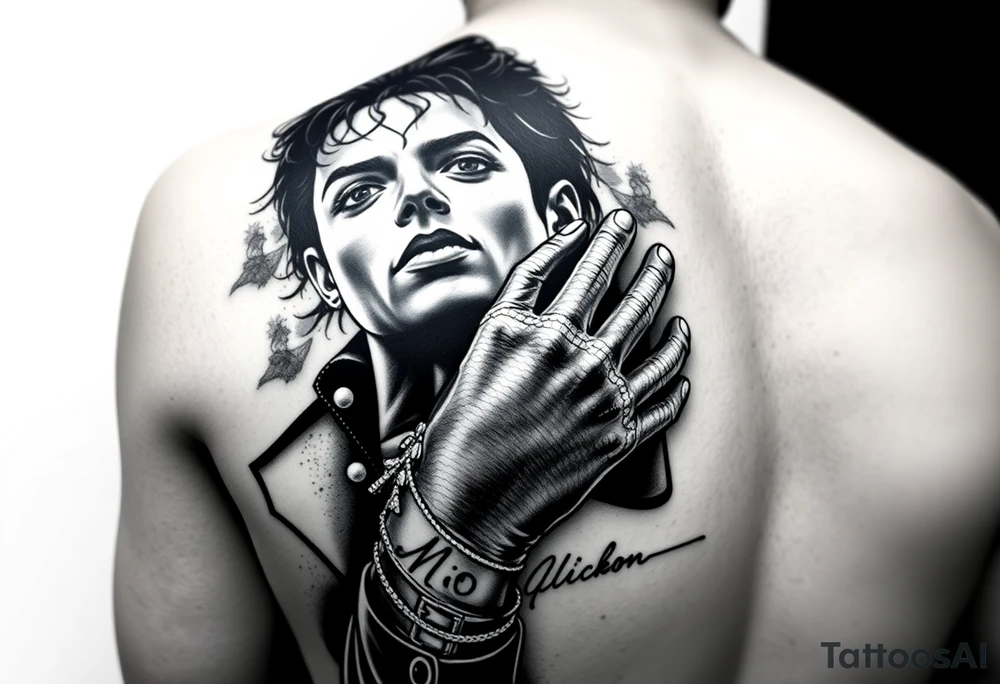 The ultimate black and grey realism tattoo sleeve design for an upper arm, celebrating Michael Jackson's entire career. A vertical masterpiece collage: Top features his hyper-realistic eyes from the Dangerous album peering through stage smoke. Middle shows a crisp, detailed portrait from the Bad era with high-contrast jacket buckles. Bottom section displays his hand in the sparkling sequin glove holding his fedora hat. The design smoothly fades out into his official autograph written in clean fine-line script at the very bottom. Photorealistic, cinematic lighting, deep blacks, master shading --ar 2:3 tattoo idea
