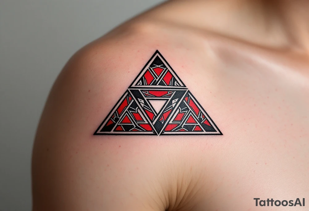 A bold tribal-style triquetra, filled with deep red and black patterns tattoo idea