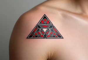 A bold tribal-style triquetra, filled with deep red and black patterns tattoo idea