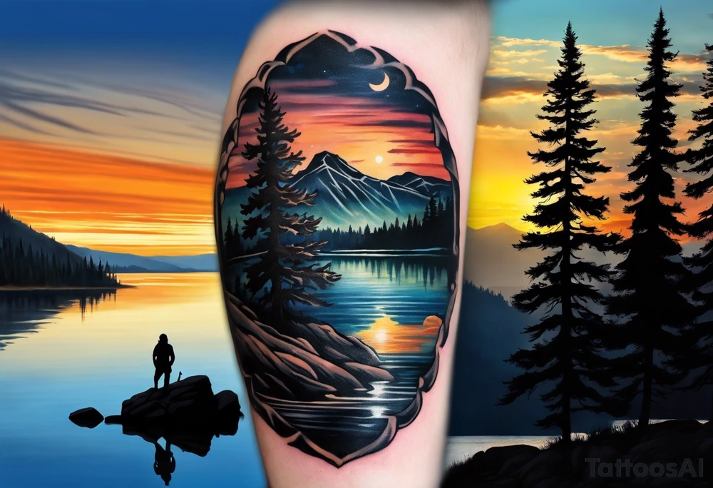 Sleeve tattoo windswept pine tree before lake with low hills on far side of lake. Mastiff silhouette in the foreground. with a dock coming out from the shore. Canadian shield. 
Include the words: "If the sun refused to shine
I would still be loving you
When mountains crumble to the sea
There will still be you and me" tattoo idea