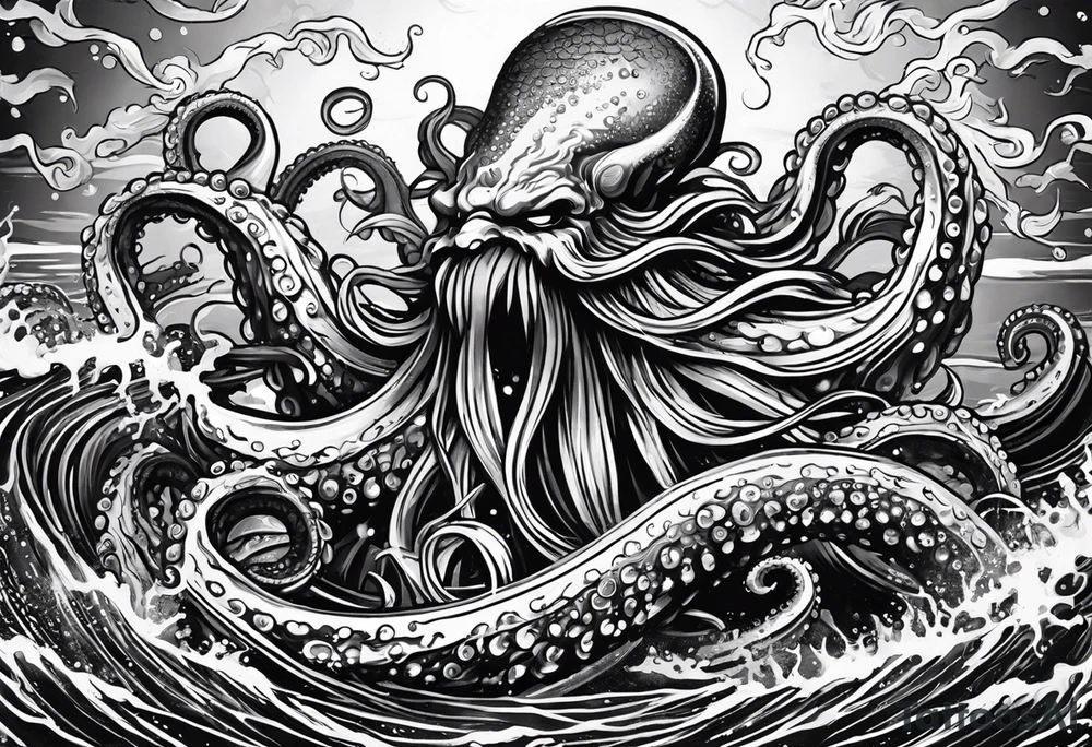 Kraken octopus tentacles grabbing Poseidon thrusting trident into monster deep ocean stormy tattoo idea