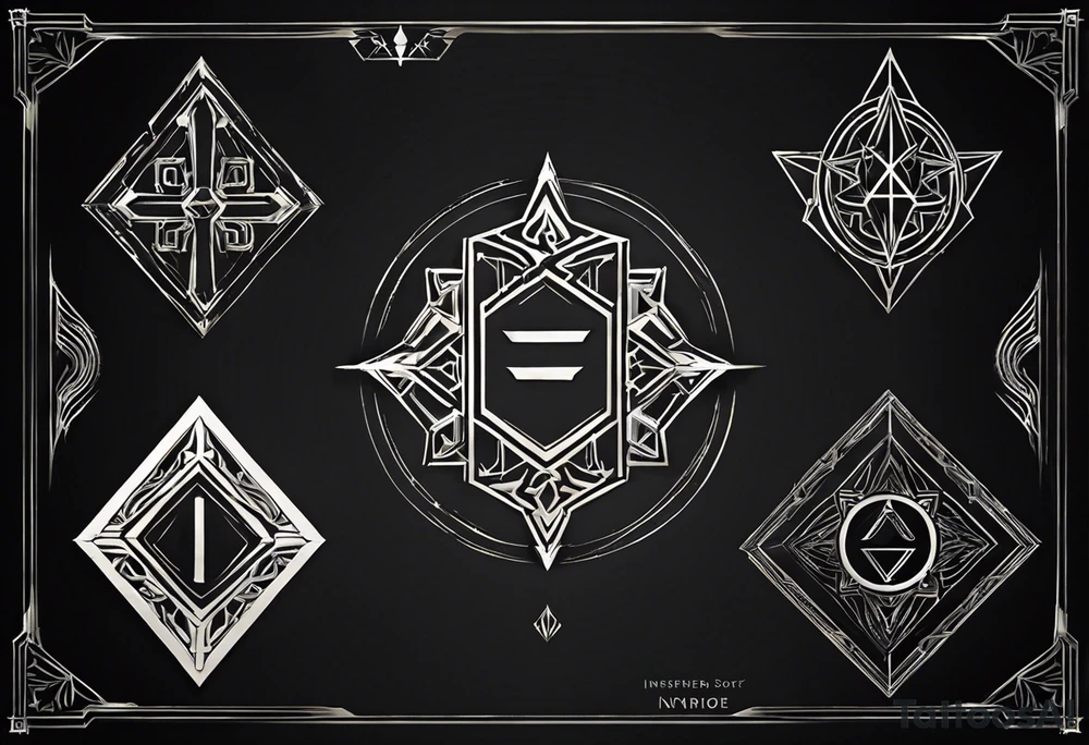 Central Element (Inspired by Dragon Age: Inquisition): A geometric, sharp-edged sigil with elements of symmetry. This can resemble a radiant, angular mark with organic, flame-like or lightning-style details emerging from the center. It will symbolize power and leadership, inspired by the Inquisitor's Mark.

Top Element (Inspired by the Triforce): Instead of the classic three triangles, we can use a pattern of interlocking triangles or diamond shapes, with a glowing effect or radiant lines around them to represent wisdom, power, and courage. The pattern can hover above the central sigil, almost like a sacred emblem.

Side Elements (Inspired by the UNSC Wings from Halo): Sleek, abstract wings or feathers will extend outward from the sides of the central sigil, flowing elegantly. These can be sharp and modern, with a mechanical, futuristic look to symbolize the strength and unity of the UNSC.

Design Flow: The energy radiating from the top symbol (the interlocking triangles) connects to the central sigil, blending the elements together. The wings on the sides give it an expansive, balanced appearance, tying the futuristic with the mythic. tattoo idea