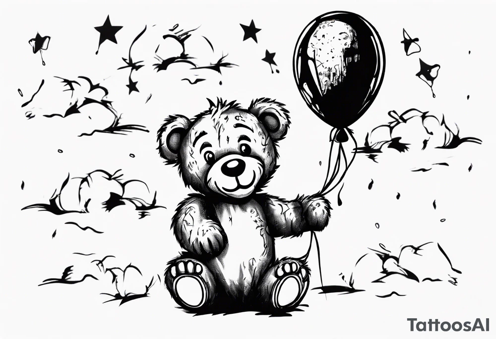 Scruffy teddy bear holding on to balloons and wearing a T-shirt going up to the sky tattoo idea