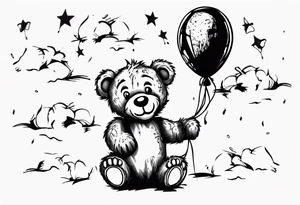 Scruffy teddy bear holding on to balloons and wearing a T-shirt going up to the sky tattoo idea