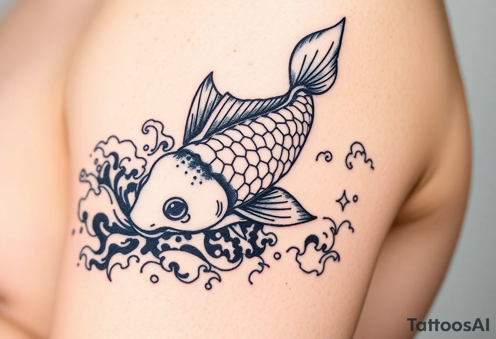traditional koi fish swimming upstream through turbulent waves tattoo idea
