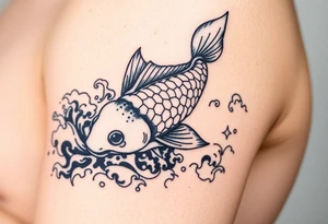 traditional koi fish swimming upstream through turbulent waves tattoo idea