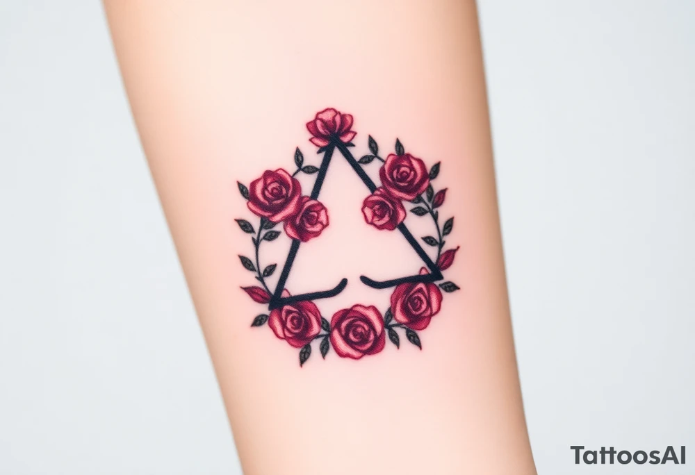 Triquetra with a flower crown going through it made out of tiny maroon and rose blush colored roses tattoo idea