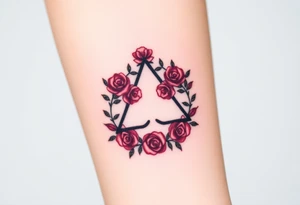 Triquetra with a flower crown going through it made out of tiny maroon and rose blush colored roses tattoo idea