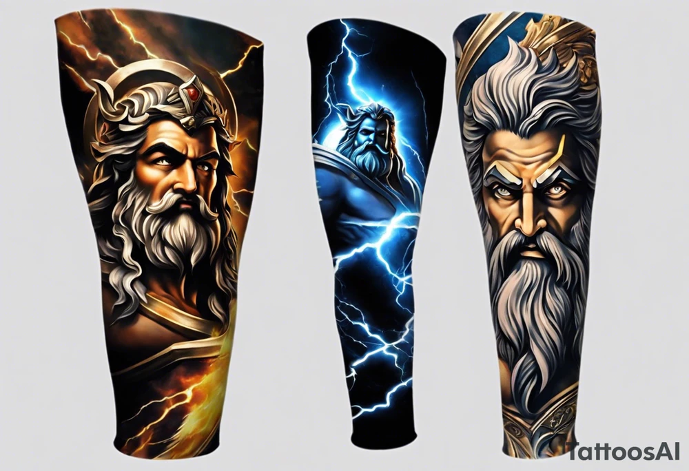 Full left arm tattoo sleeve with the Greek gods, Zeus, Poseidon and Hades. Zeus' face with a lightning bolt coming out of one eye is at the left shoulder, Poseidon's  face with a trident as one of his eyes is at the left upper arm and Hades' face with 
a bident as one of his eyes is at the left forearm. tattoo idea