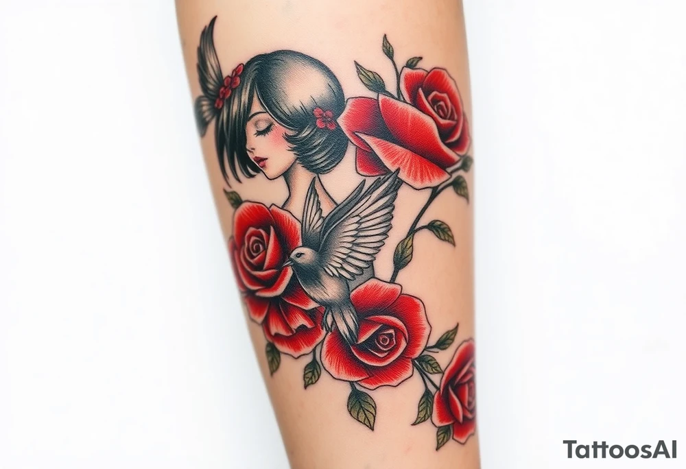 Vintage dollies, red roses, lace, red bird, no people, vintage, lower wrap arm tattoo tattoo idea
