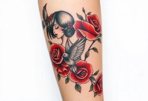Vintage dollies, red roses, lace, red bird, no people, vintage, lower wrap arm tattoo tattoo idea