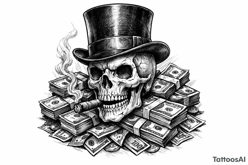 skull with cigar in mouth,top-hat,surrounded by money. tattoo idea