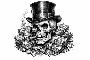 skull with cigar in mouth,top-hat,surrounded by money. tattoo idea