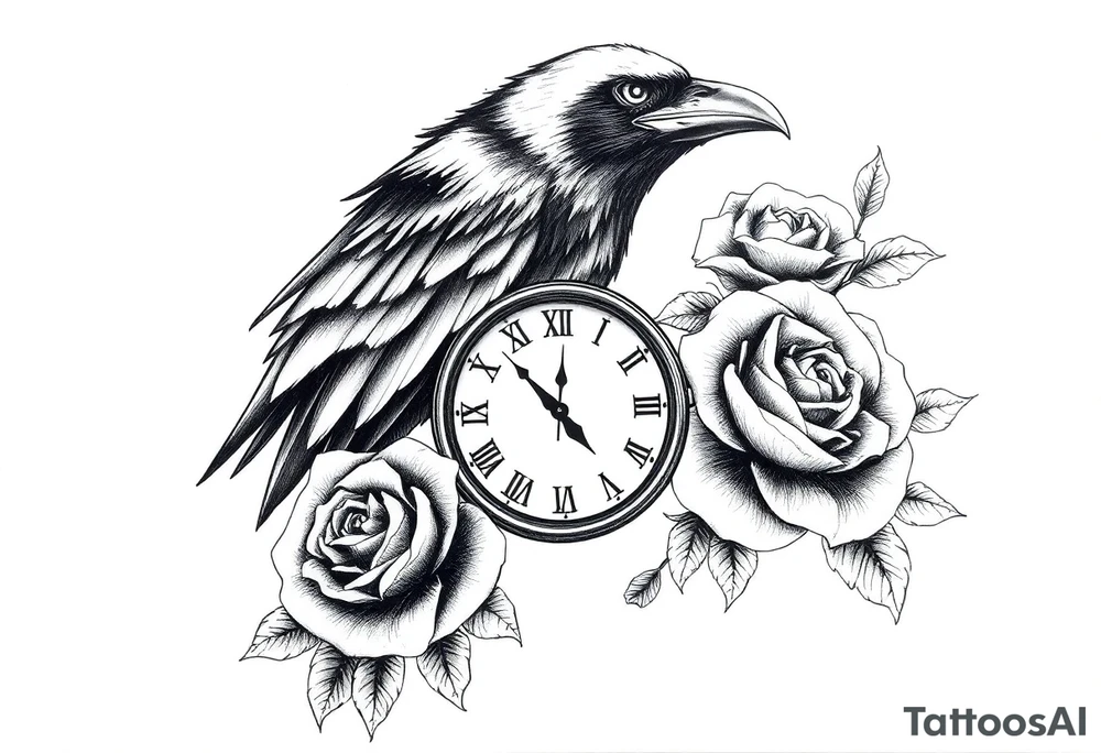 raven,roses,clock. tattoo idea