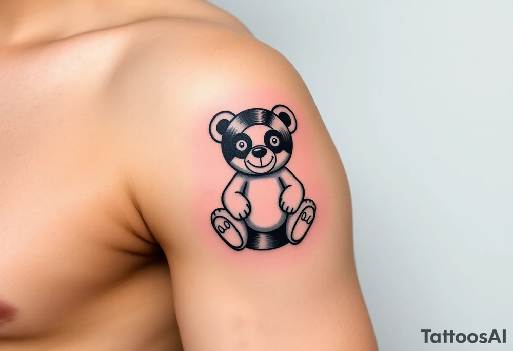 minimalist teddy bear with vinyl records as eyes smiling and sitting on a record tattoo idea