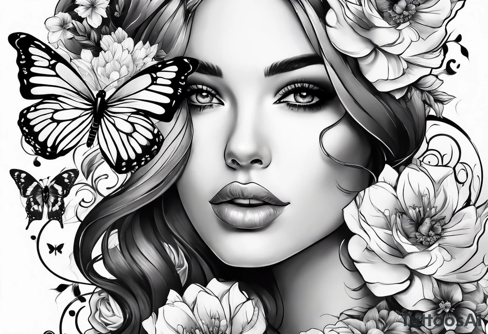 Women face with flowers and butterfly tattoo idea