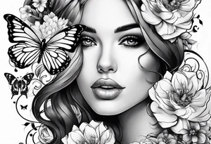 Women face with flowers and butterfly tattoo idea