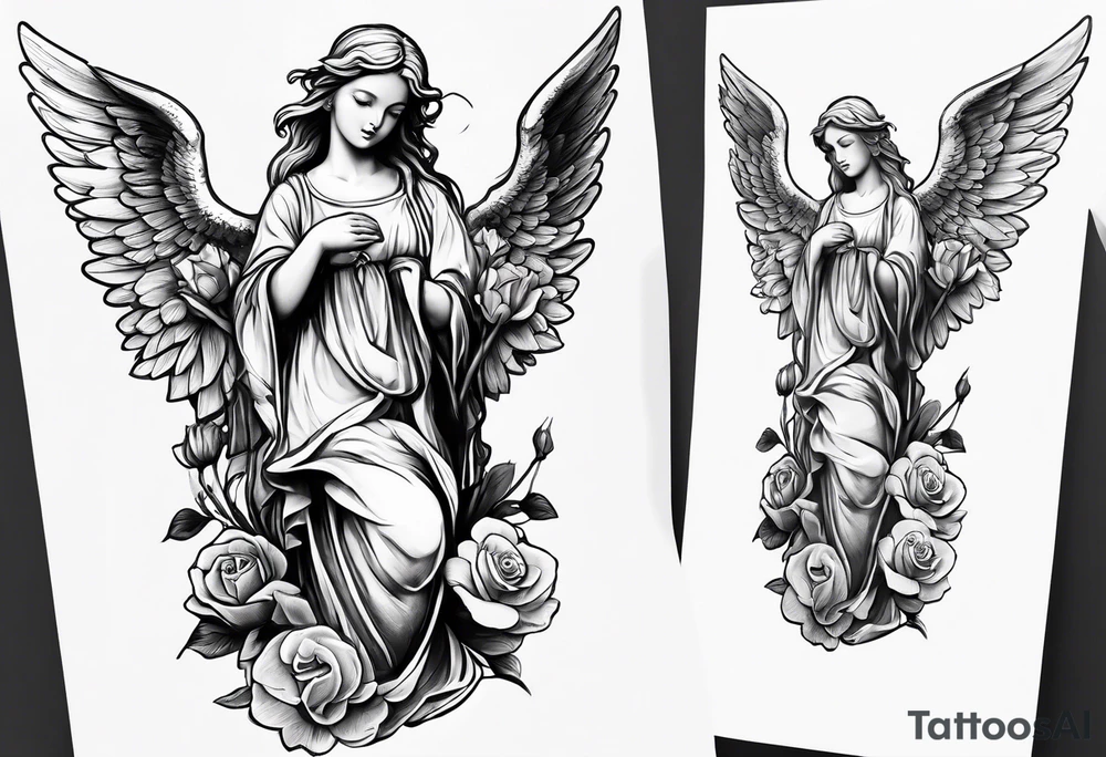 Simple Angel statue stood on a rock with daffodils and roses wrapped around its legs tattoo idea